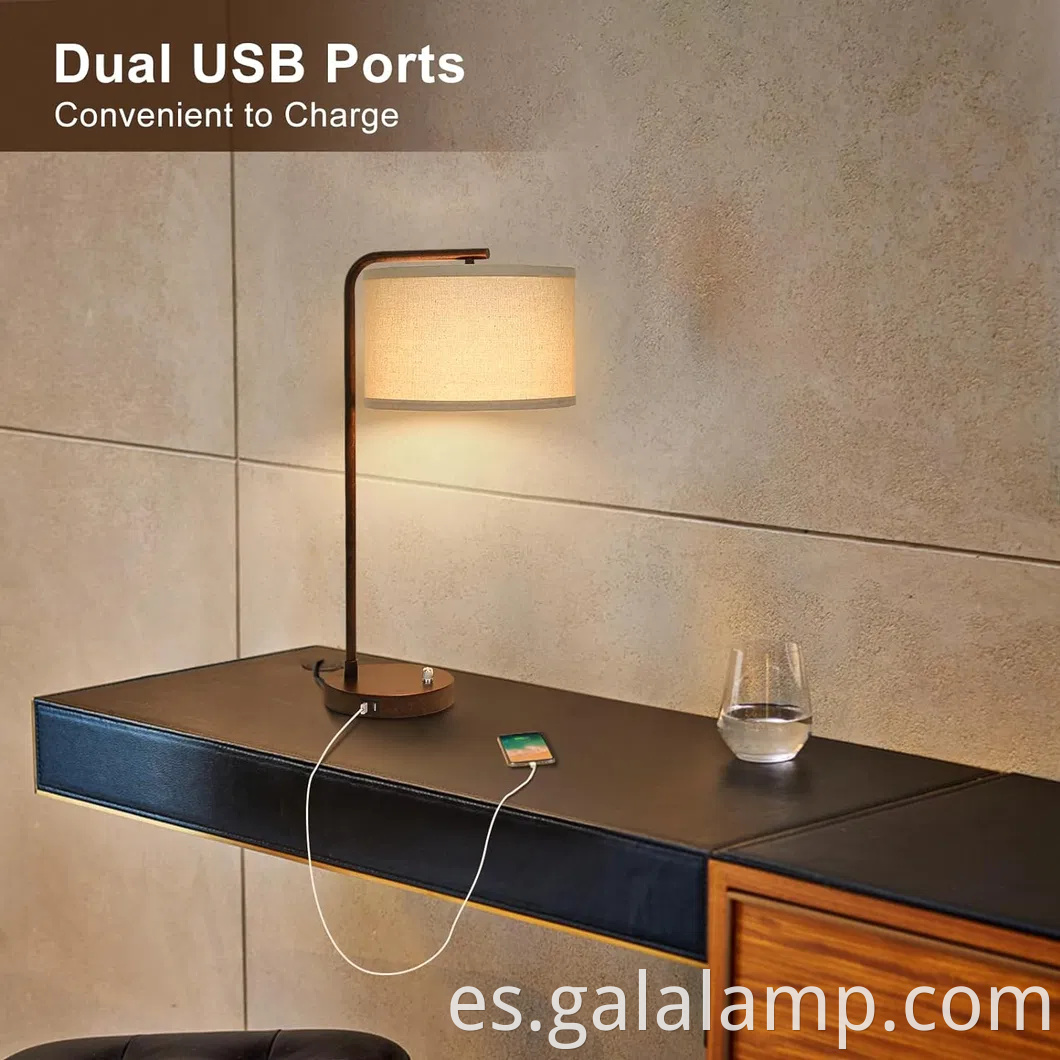 Lámpara moderna de carga USB con sombra de lino